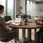 İstanbul Ofis Mobilya Belgrad yuvarlak ahşap toplantı masası, modern ofis ortamında çalışan profesyonellerle birlikte.