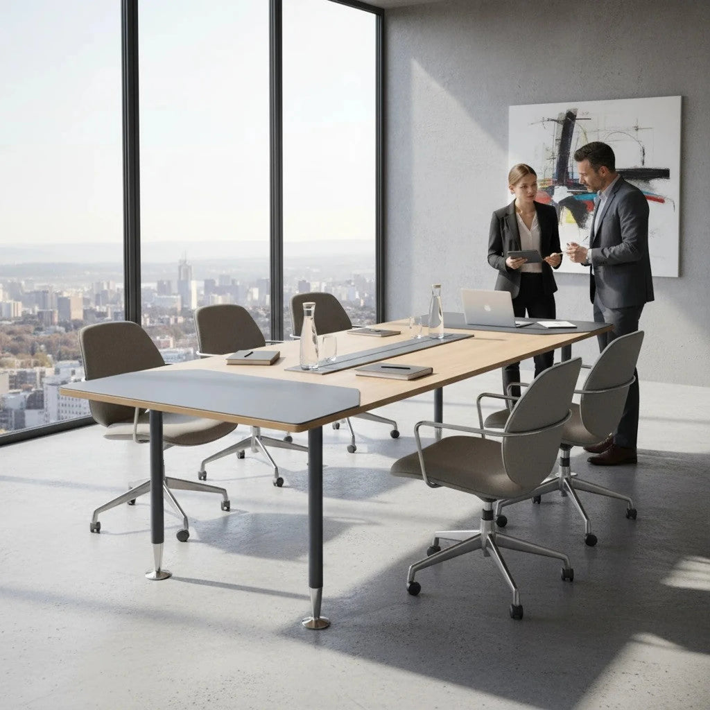 İstanbul Ofis Mobilya Bochum toplantı masası, ahşap ve gri yüzeyli, modern ofisler için ideal.