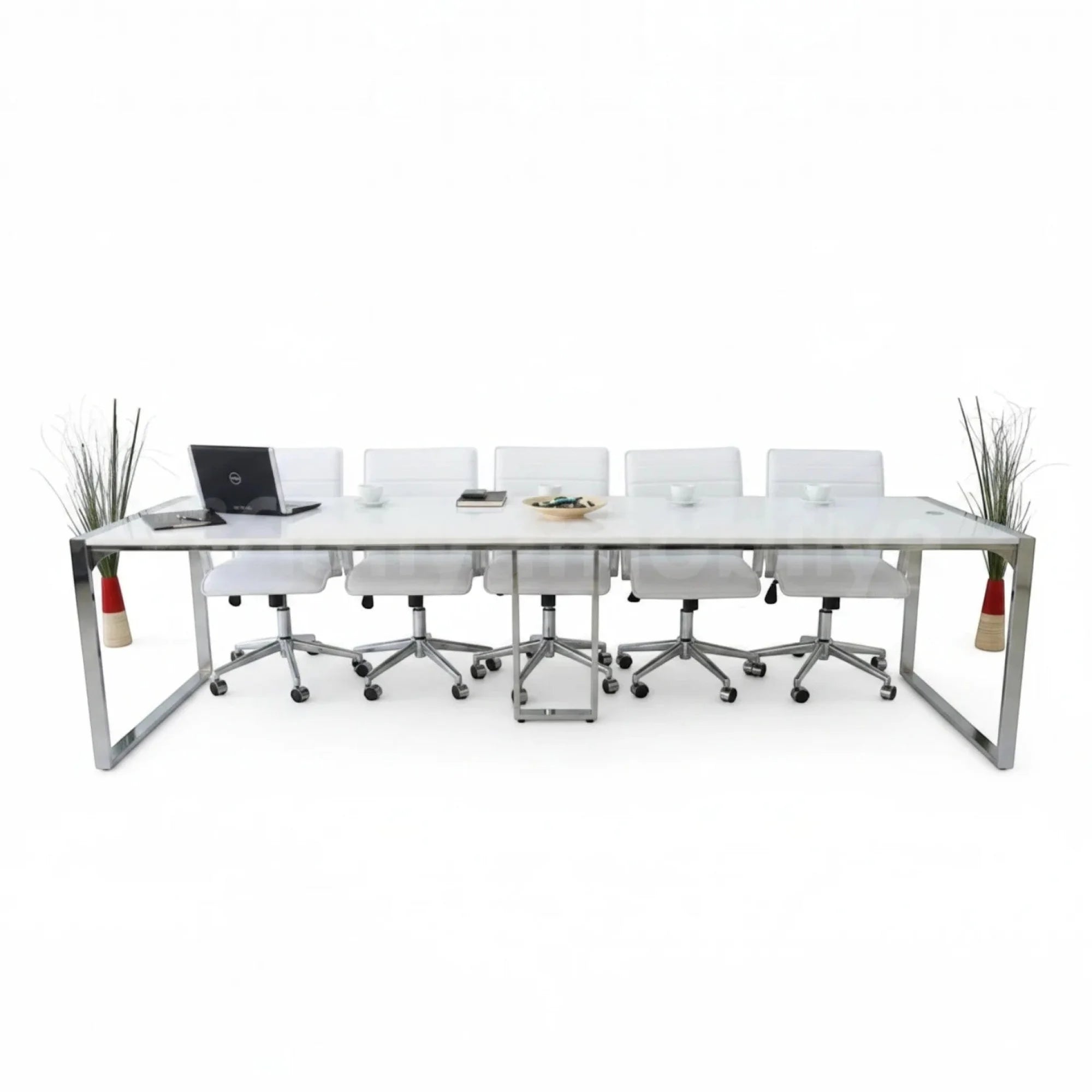 İstanbul Ofis Mobilya marka beyaz high gloss MDF tablalı ve krom gövdeli modern büyük toplantı masası seti