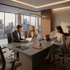 İstanbul Ofis Mobilya Dakar toplantı masası etrafında çalışan profesyonel ekip, modern ofis ortamı.