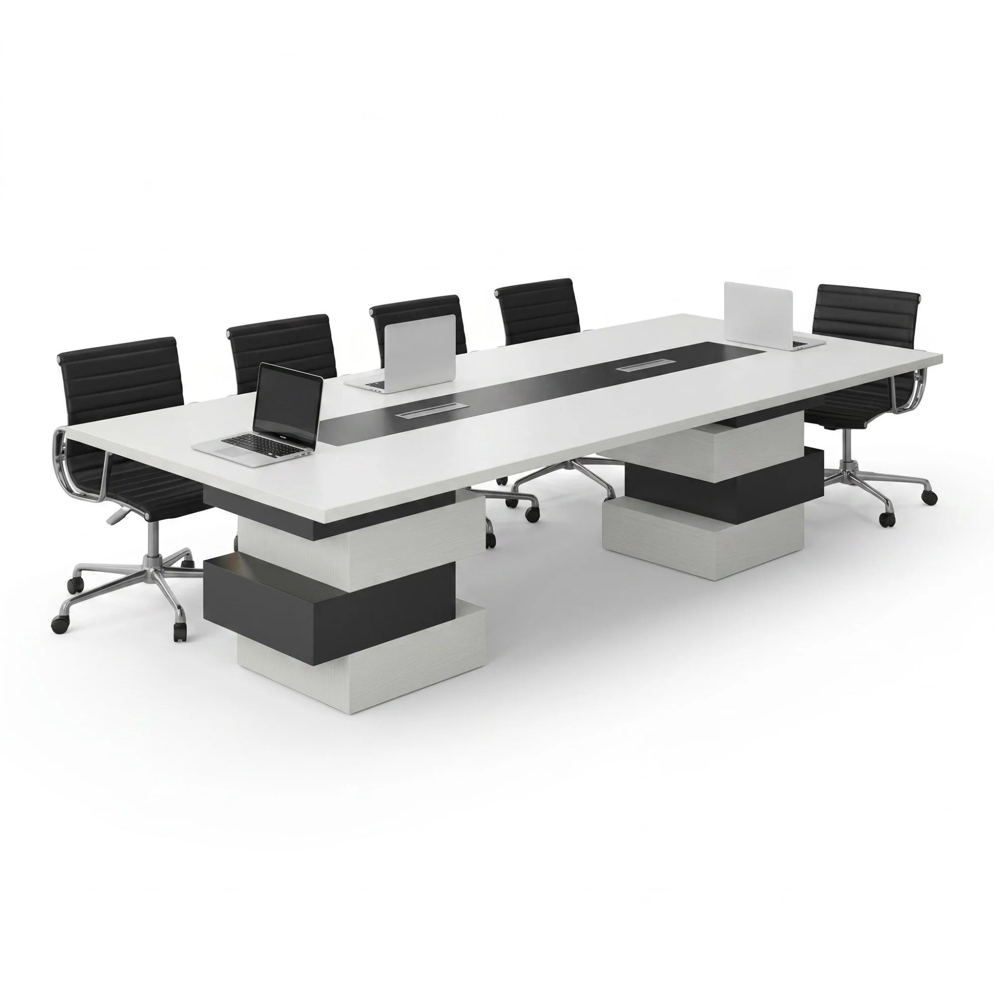 İstanbul Ofis Mobilya Fes toplantı masası, beyaz ve koyu gri renklerde, modern tasarımlı, 200x120x75 cm ölçülerinde, ofisler için ideal.