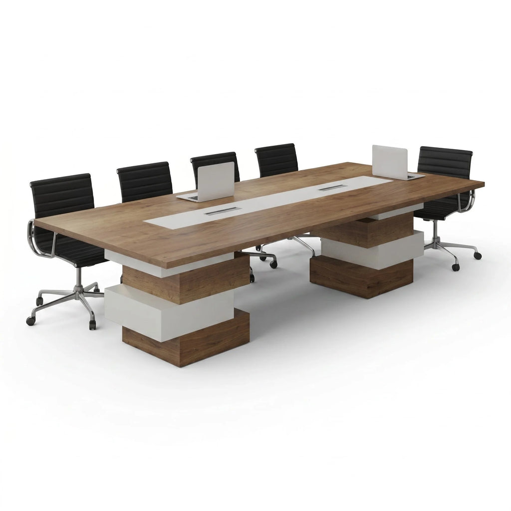 İstanbul Ofis Mobilya Fes toplantı masası, ahşap ve beyaz renkli, modern tasarımlı, 200x120x75 cm ölçülerinde.