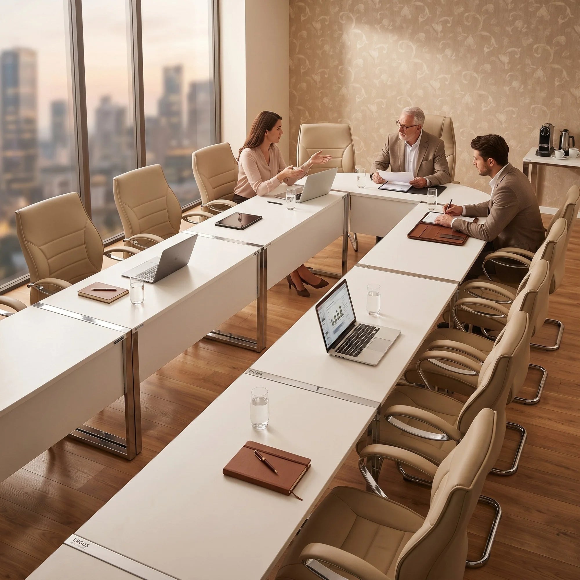 İstanbul Ofis Mobilya Albi büyük toplantı masası, modern ofis ortamında çalışan profesyonellerle birlikte