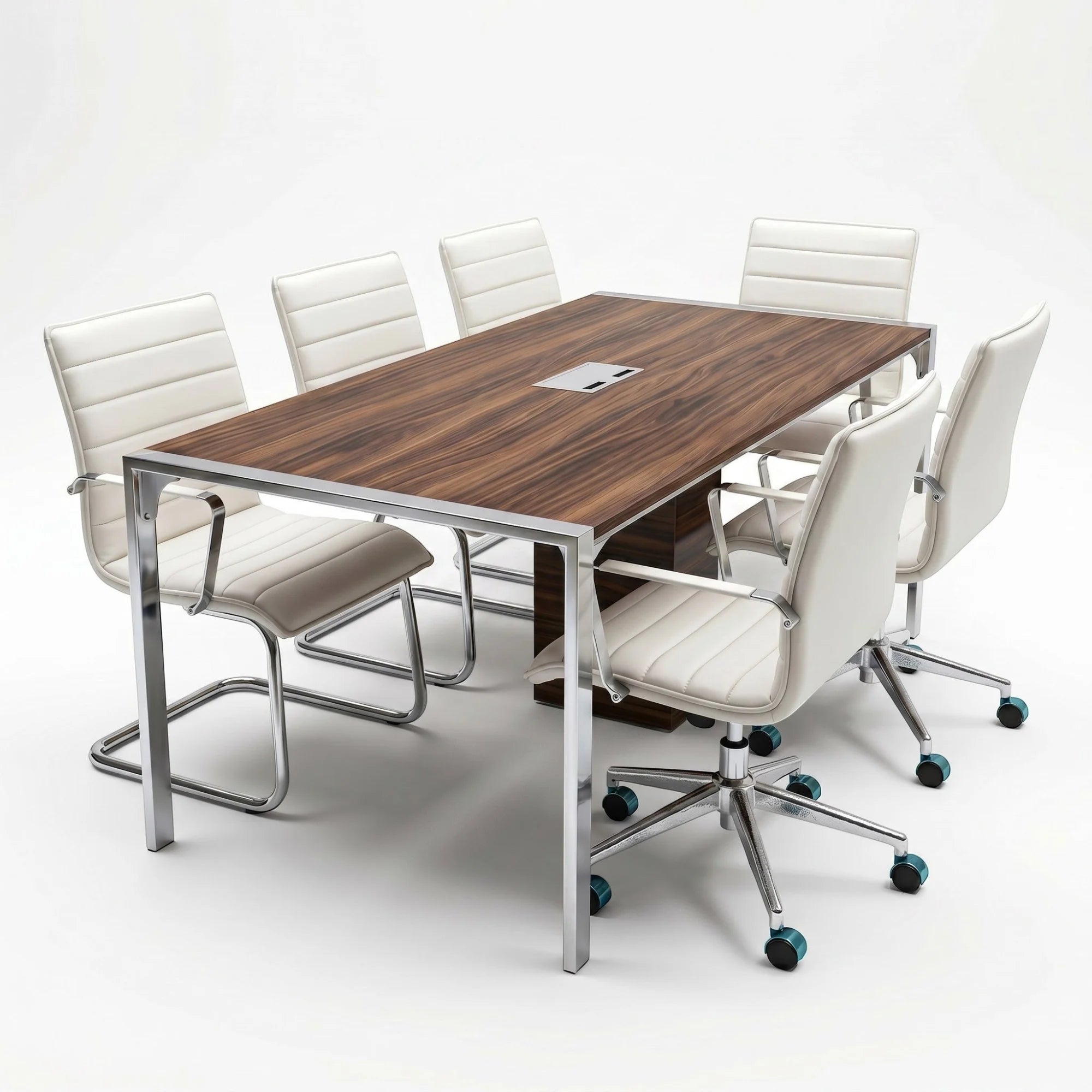İstanbul Ofis Mobilya marka ceviz ahşap tablalı, krom U ayaklı ve priz sistemli modern 230x100cm toplantı masası.