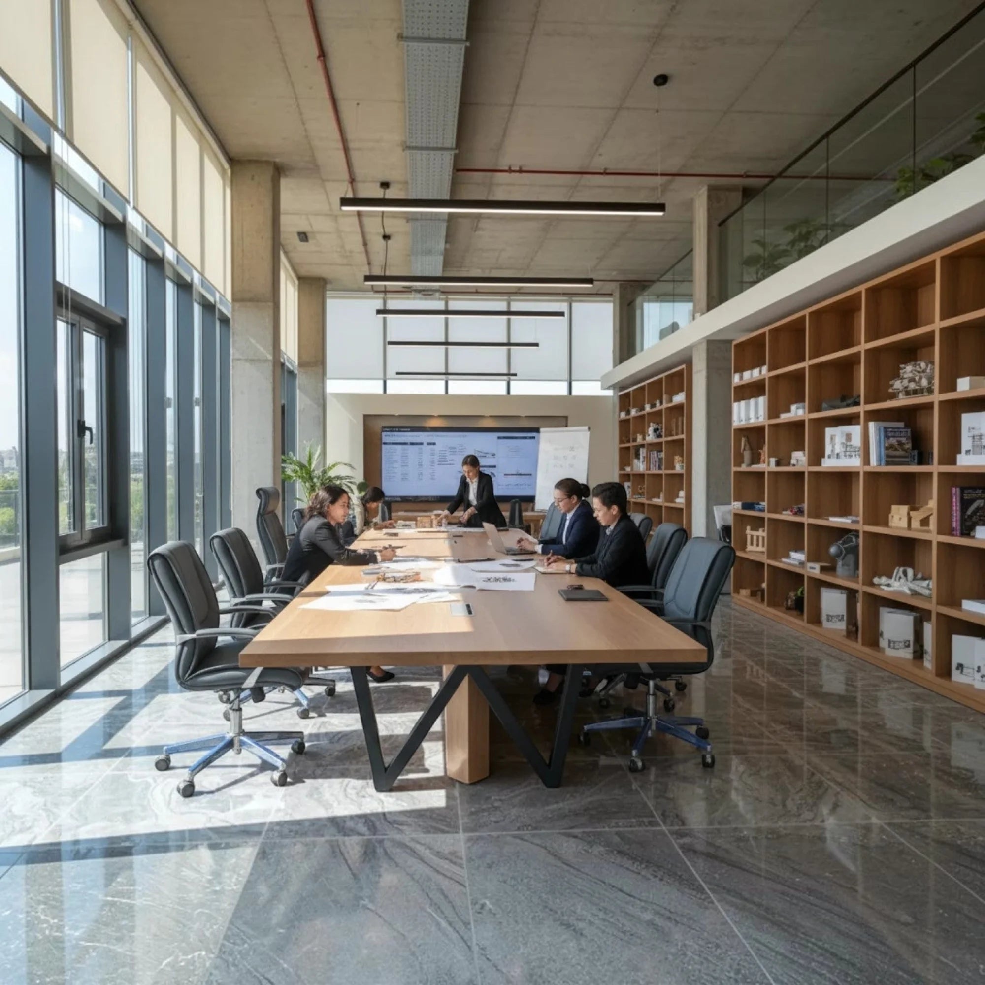 İstanbul Ofis Mobilya modern ahşap toplantı masası ve ergonomik deri yönetici koltukları ile şık ofis toplantı odası