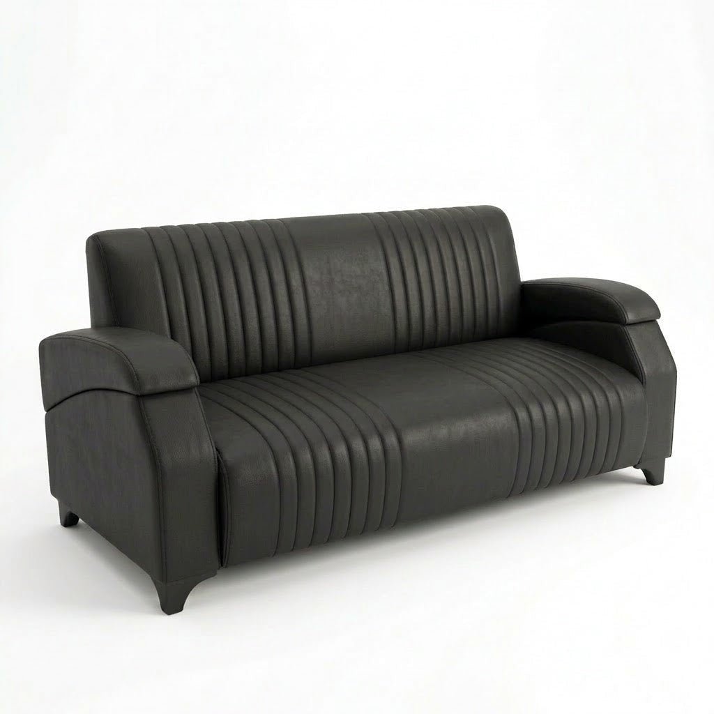 İstanbul Ofis Mobilya Sahra siyah deri görünümlü dikey dikiş detaylı modern ofis kanepesi