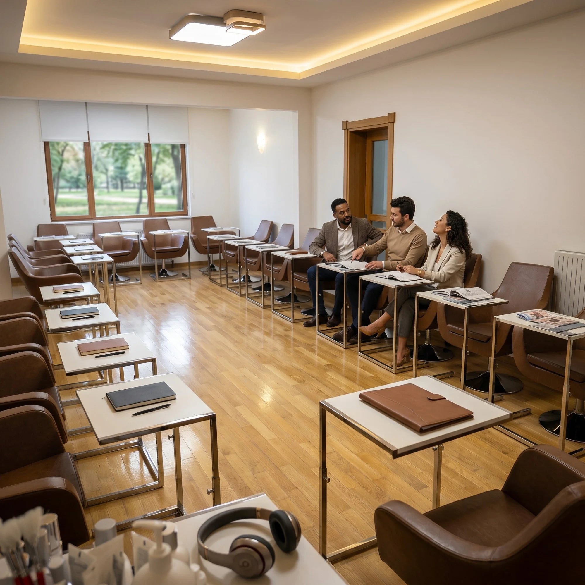 İstanbul Ofis Mobilya tasarımı modern VIP toplantı ve seminer odası, kahverengi deri koltuklar ve beyaz çalışma masaları