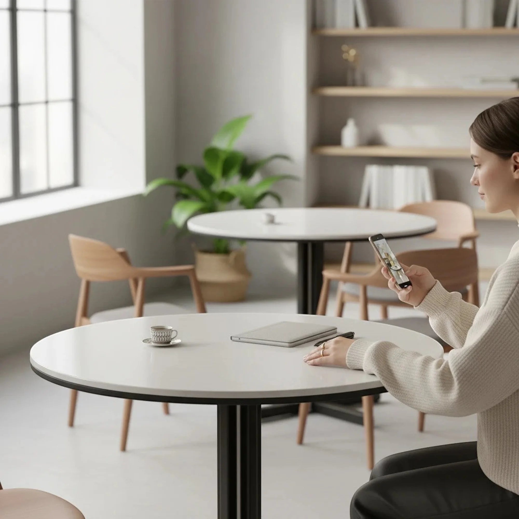 İstanbul Ofis Mobilya modern daire toplantı masası, beyaz yuvarlak tablalı ve siyah metal ayaklı minimalist tasarım.