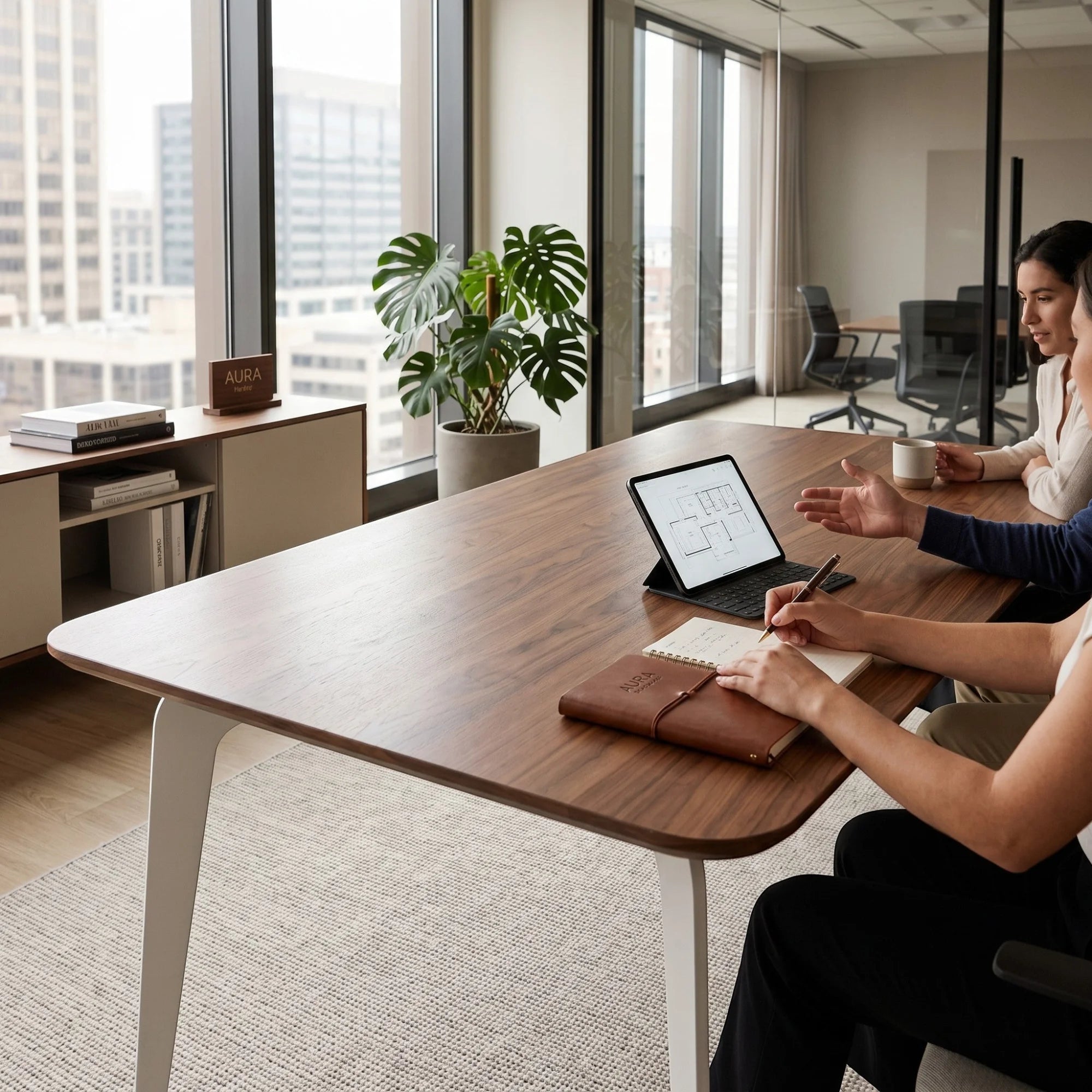 İstanbul Ofis Mobilya modern ahşap toplantı masası, beyaz metal ayaklı, ofis ortamında çalışan profesyonel ekip.