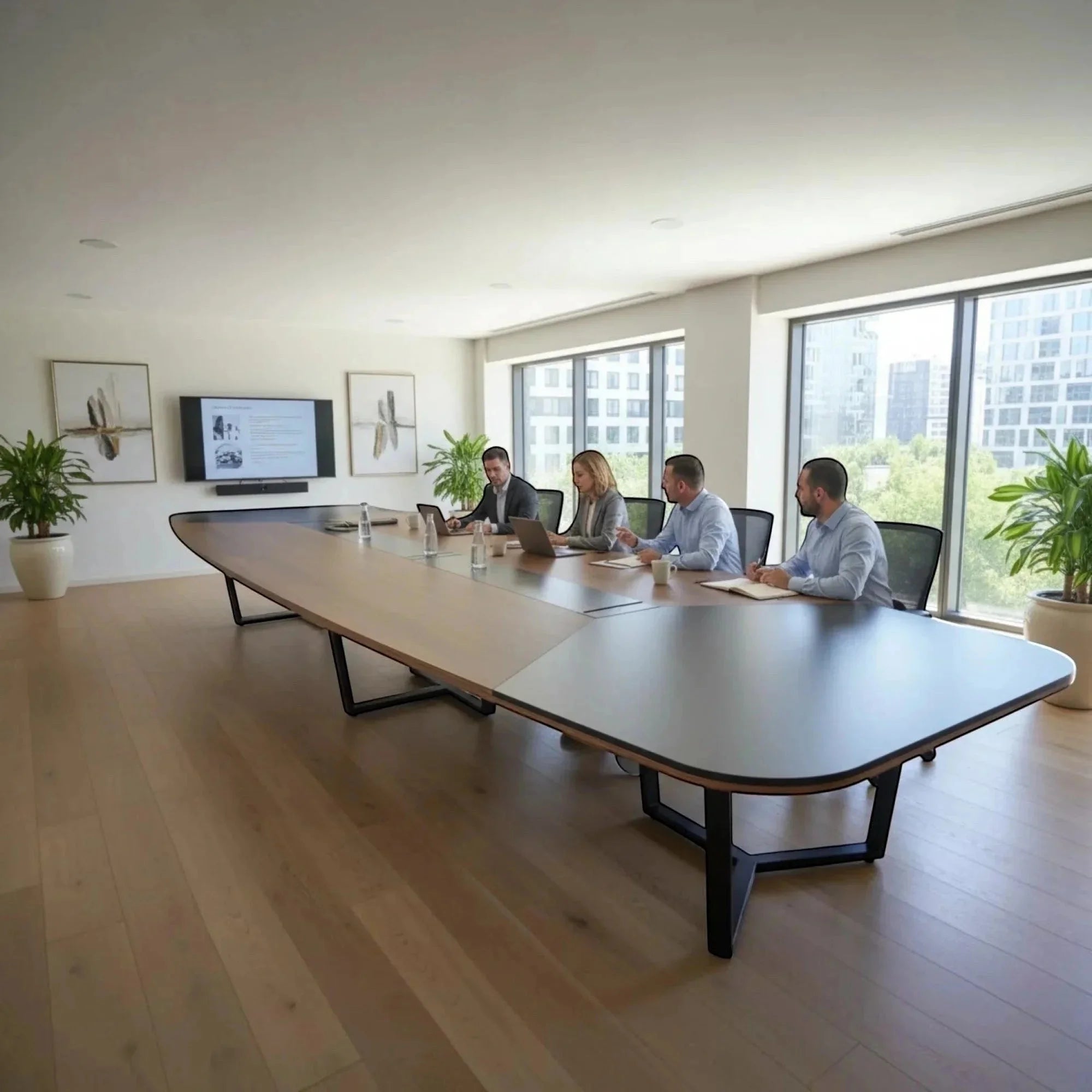 İstanbul Ofis Mobilya modern ahşap ve gri detaylı, metal ayaklı, geniş oval ofis toplantı masası