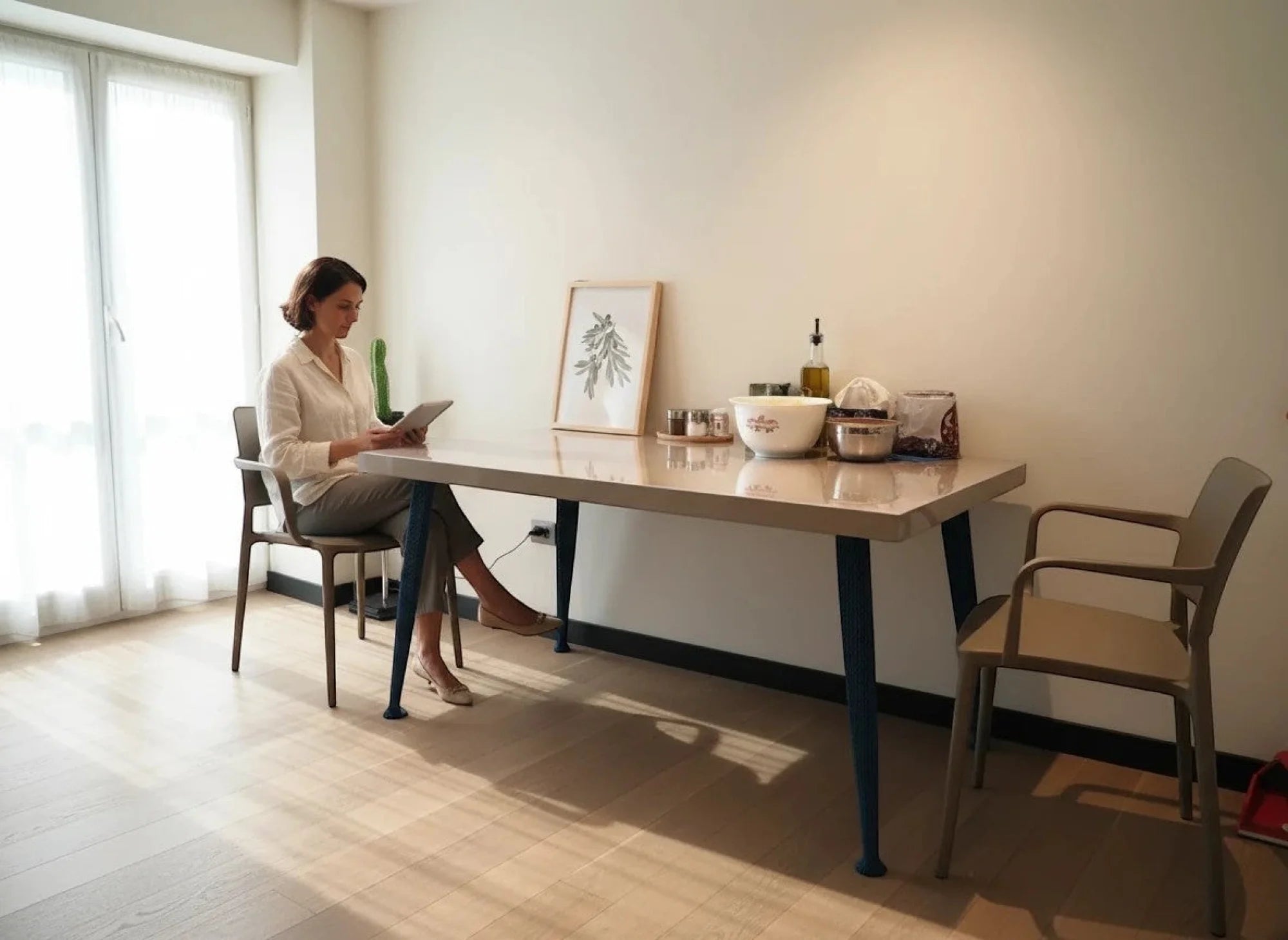 İstanbul Ofis Mobilya modern dikdörtgen masa, koyu mavi dokulu ayaklı, bej tablalı, ev ofis veya mutfak kullanımı.