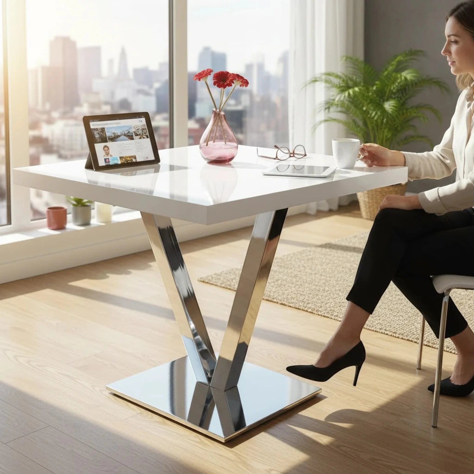İstanbul Ofis Mobilya Viyana model, parlak beyaz kare tablalı ve V formunda krom ayaklı modern ofis toplantı masası.