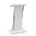 İstanbul Ofis Mobilya modern beyaz konuşma kürsüsü, minimalist metalik detaylı ve ergonomik eğimli sunum standı.