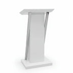 İstanbul Ofis Mobilya modern beyaz konuşma kürsüsü, minimalist metalik detaylı ve ergonomik eğimli sunum standı.