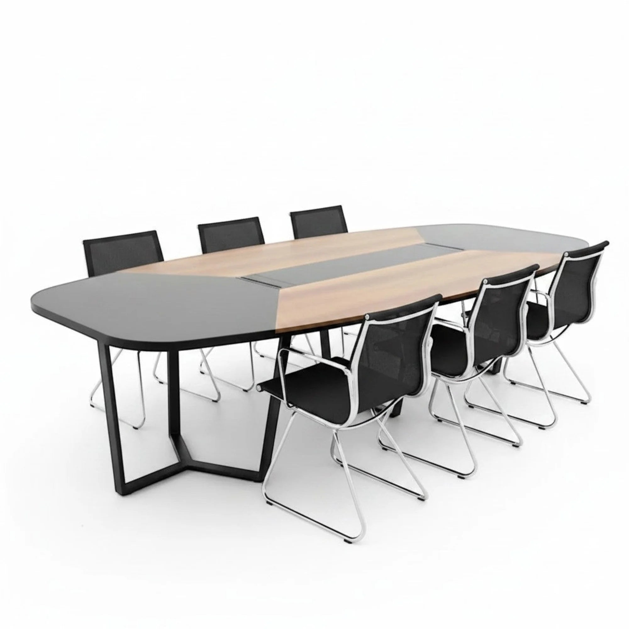 İstanbul Ofis Mobilya 355x150cm antrasit ve ahşap detaylı modern oval toplantı masası ve siyah fileli ofis sandalyeleri