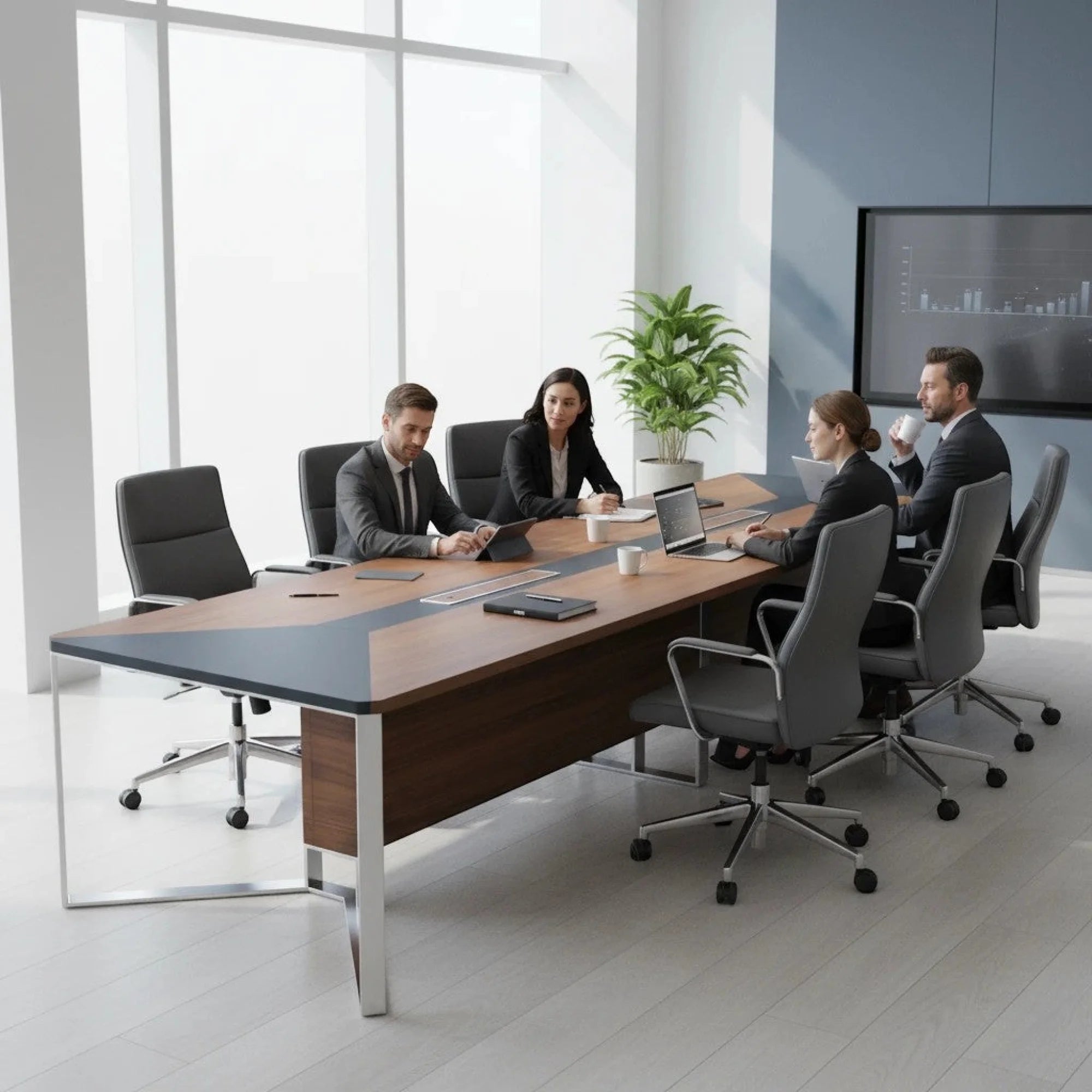 İstanbul Ofis Mobilya Köln toplantı masası, ahşap ve siyah detaylı modern tasarım, ofis ortamında çalışan ekip.