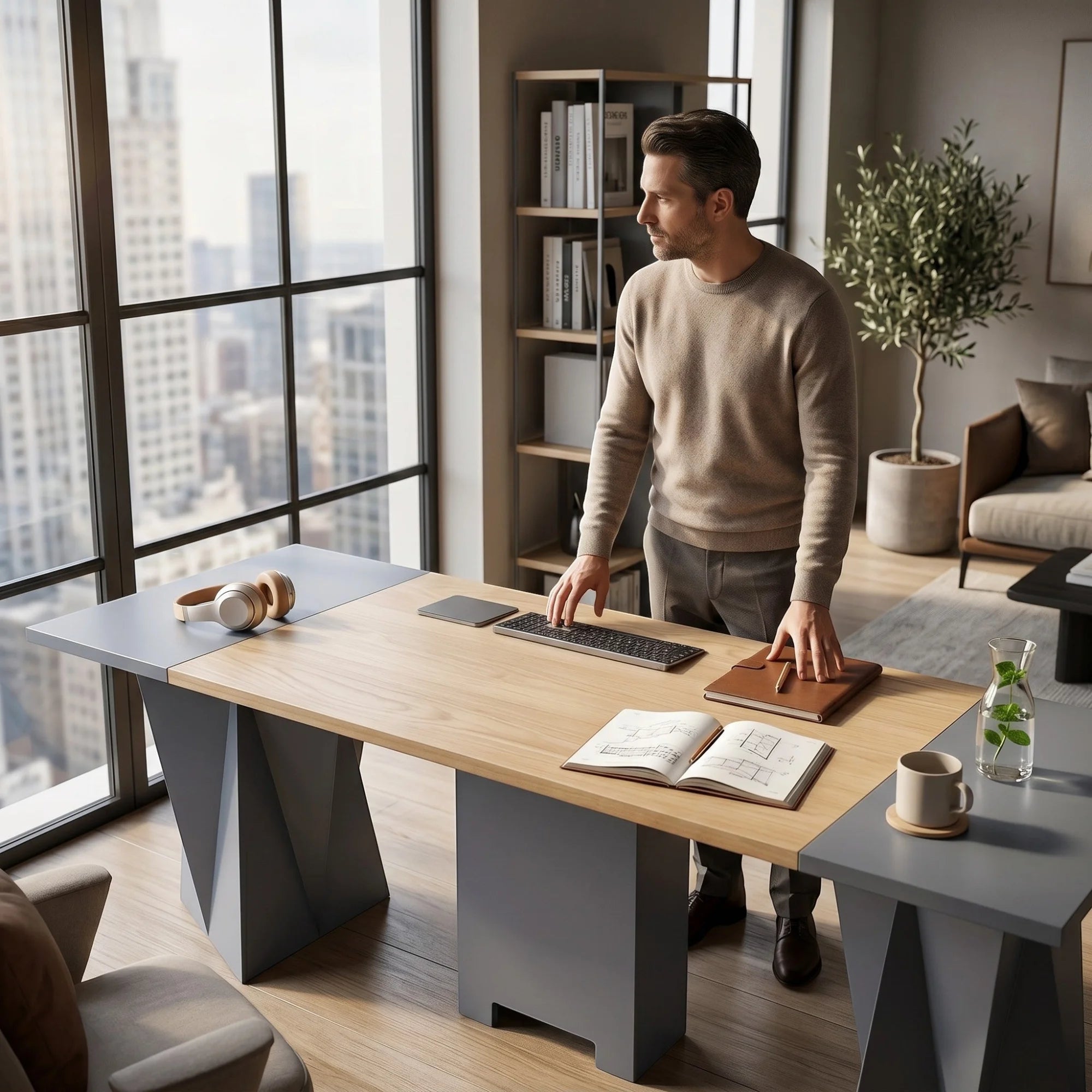 İstanbul Ofis Mobilya Berlin Toplantı Masası, ahşap yüzeyli ve gri geometrik ayaklı modern ofis çalışma masası.