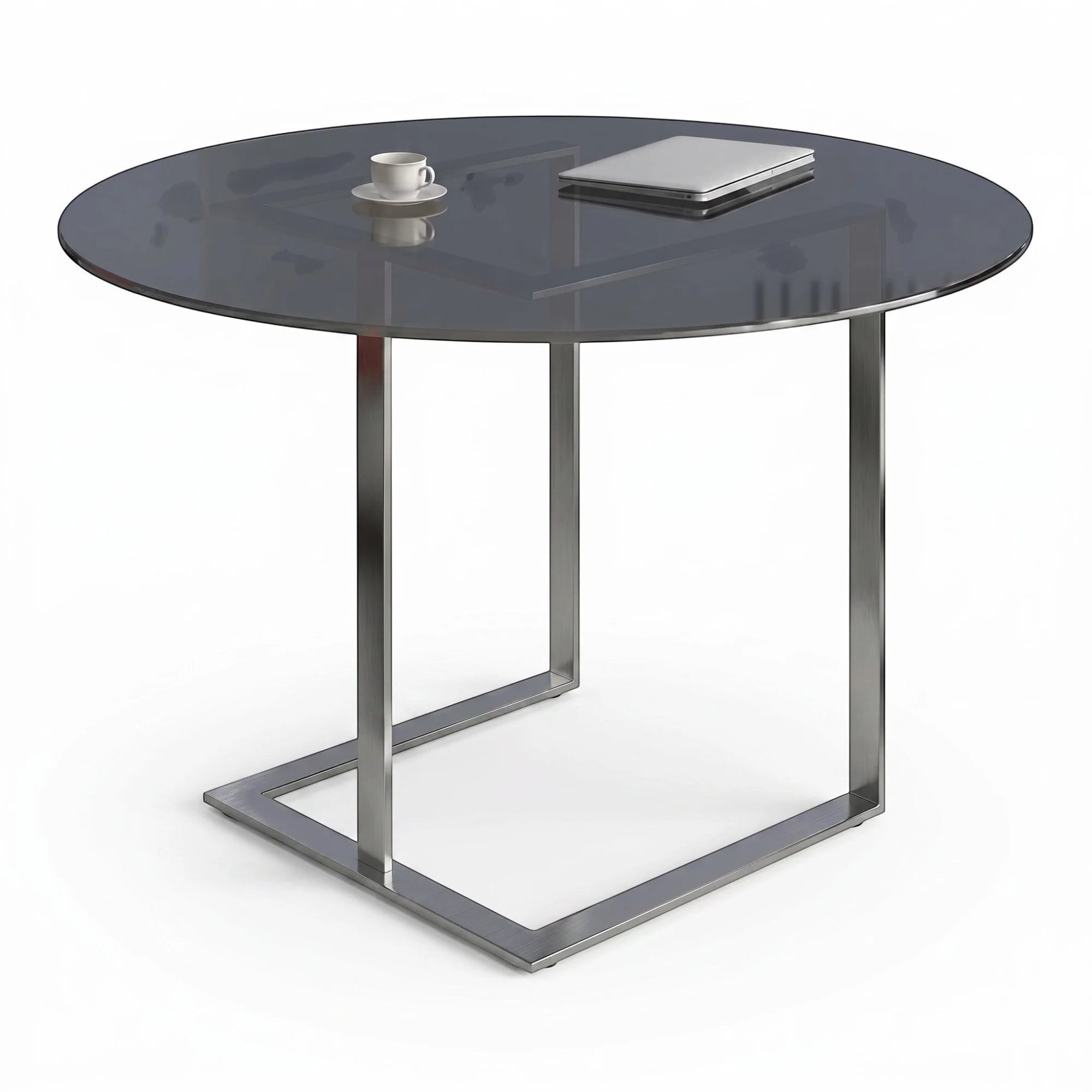 İstanbul Ofis Mobilya Kumasi 100x75 cm füme cam tablalı ve metal ayaklı modern yuvarlak toplantı masası