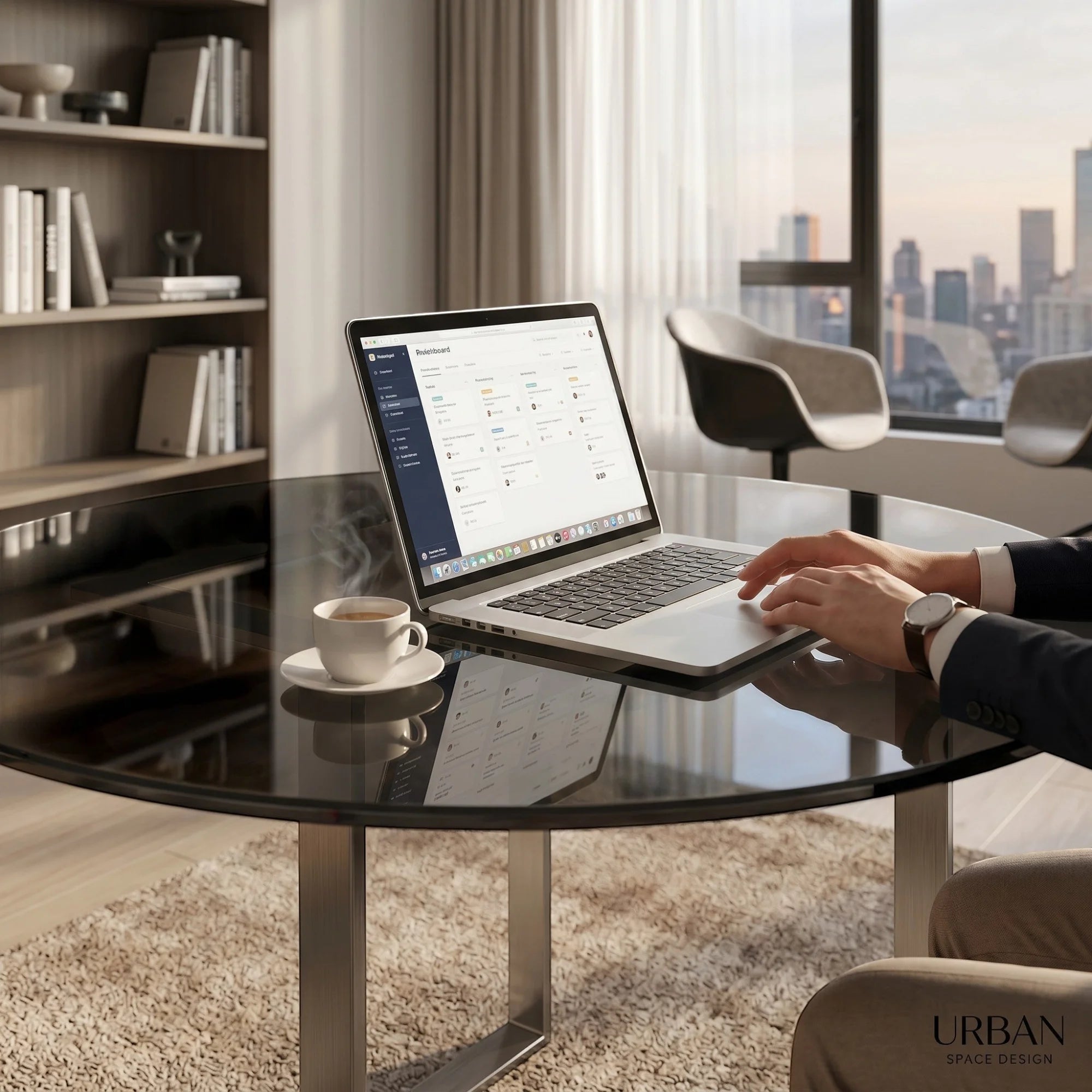 İstanbul Ofis Mobilya marka modern cam tablalı yuvarlak Kumasi toplantı masası, ofis ortamında dizüstü bilgisayar ile.