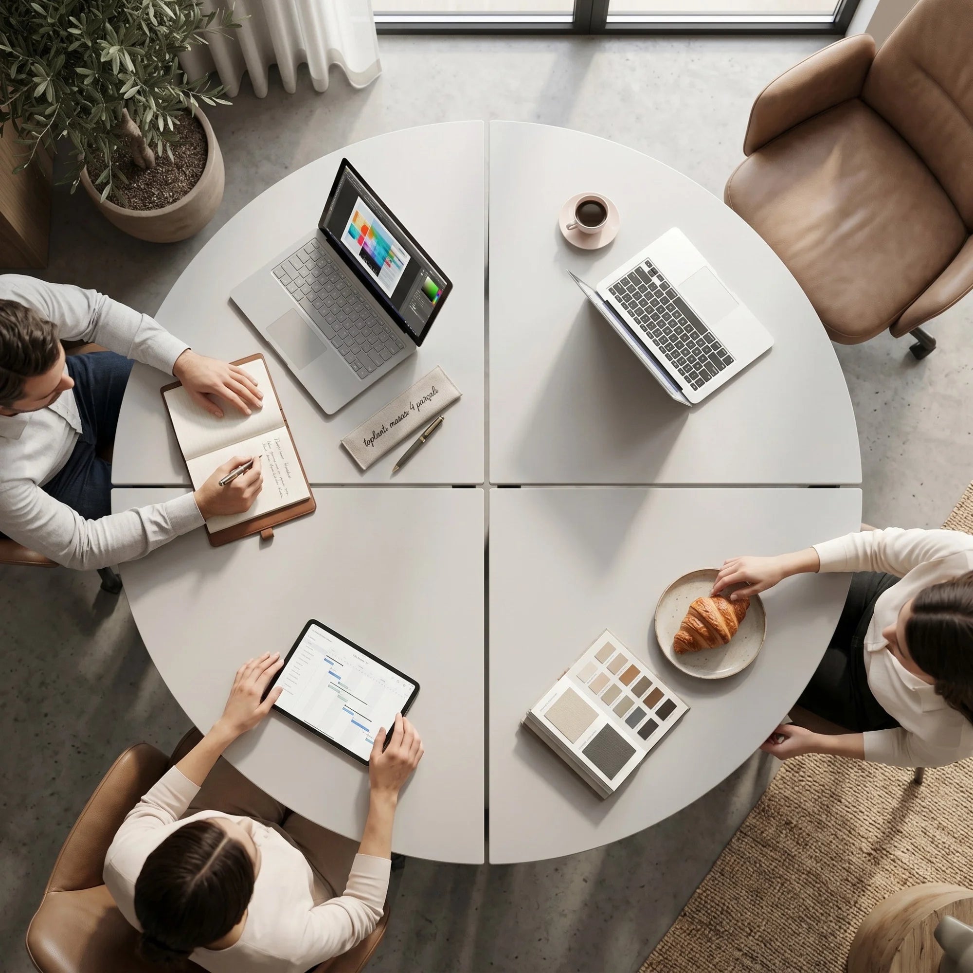 İstanbul Ofis Mobilya Atina 100x75 cm yuvarlak modüler toplantı masası, modern ofis çalışma alanı tasarımı.