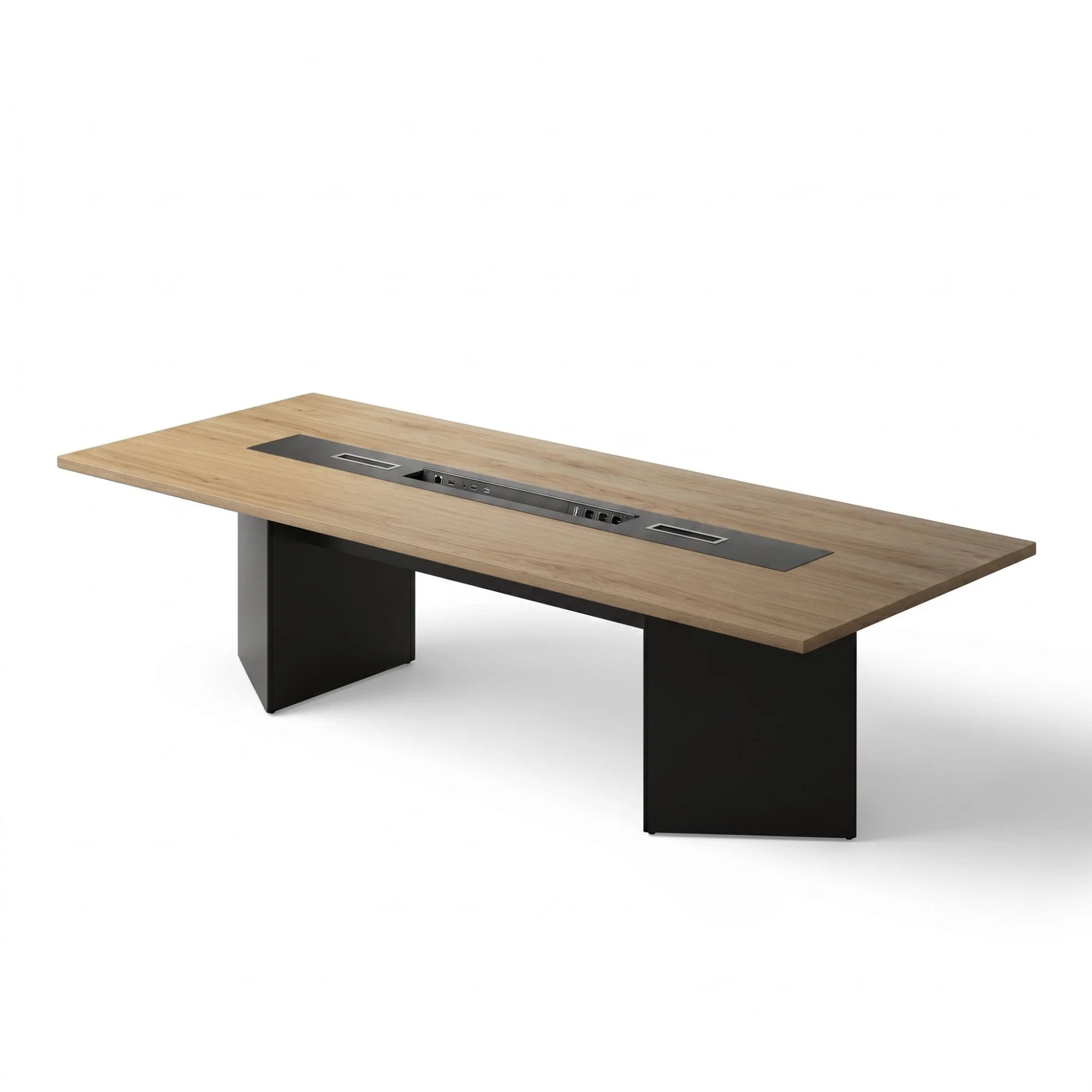 İstanbul Ofis Mobilya Nairobi ahşap görünümlü, siyah ayaklı ve kablo kanallı modern toplantı masası