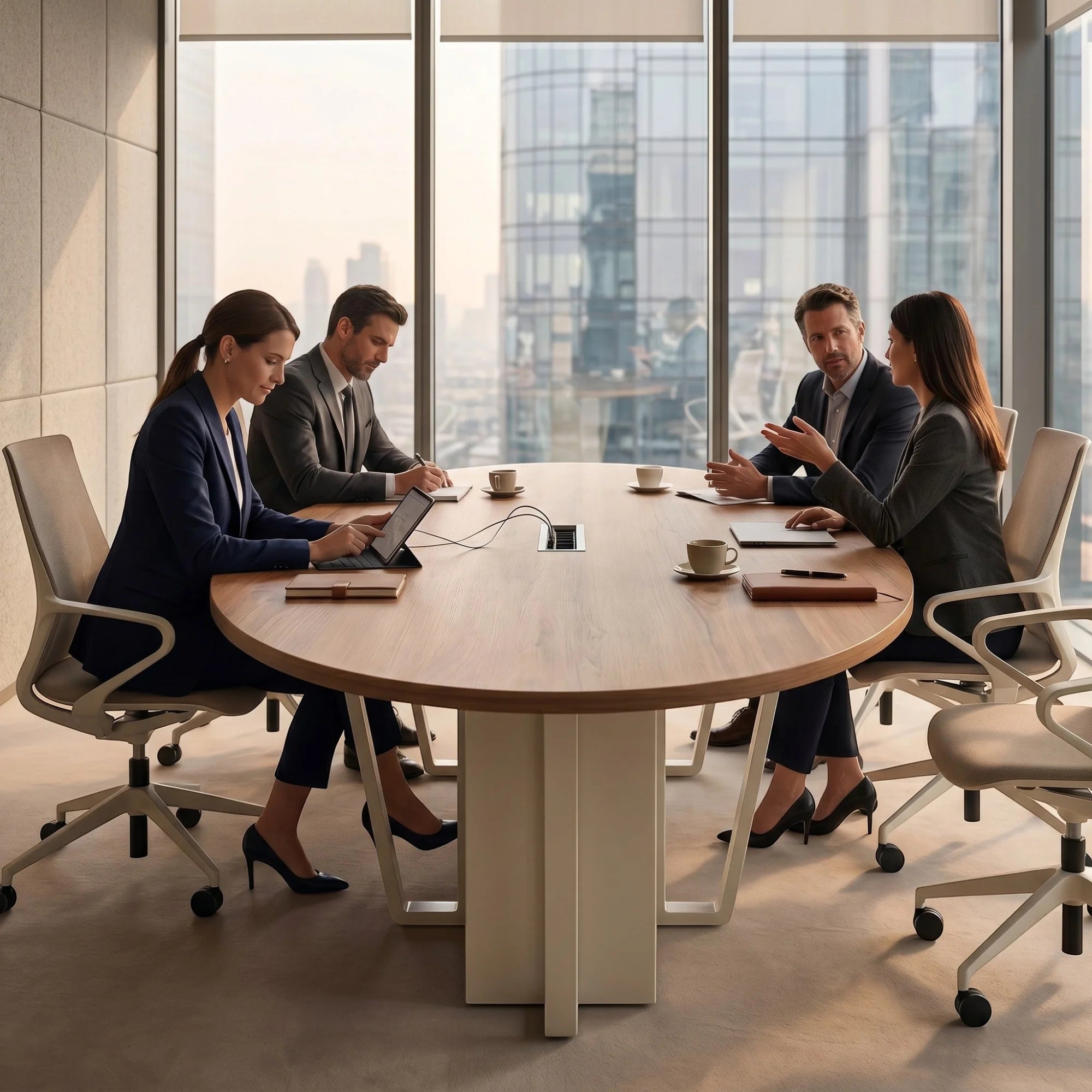 İstanbul Ofis Mobilya Kaduna ahşap oval toplantı masası, modern ofis ortamında çalışan profesyonel bir ekip ile.