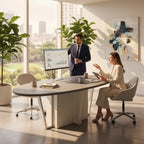 İstanbul Ofis Mobilya modern oval toplantı masası, beyaz ayaklı, şık ofis ortamında çalışan profesyonel ekip.