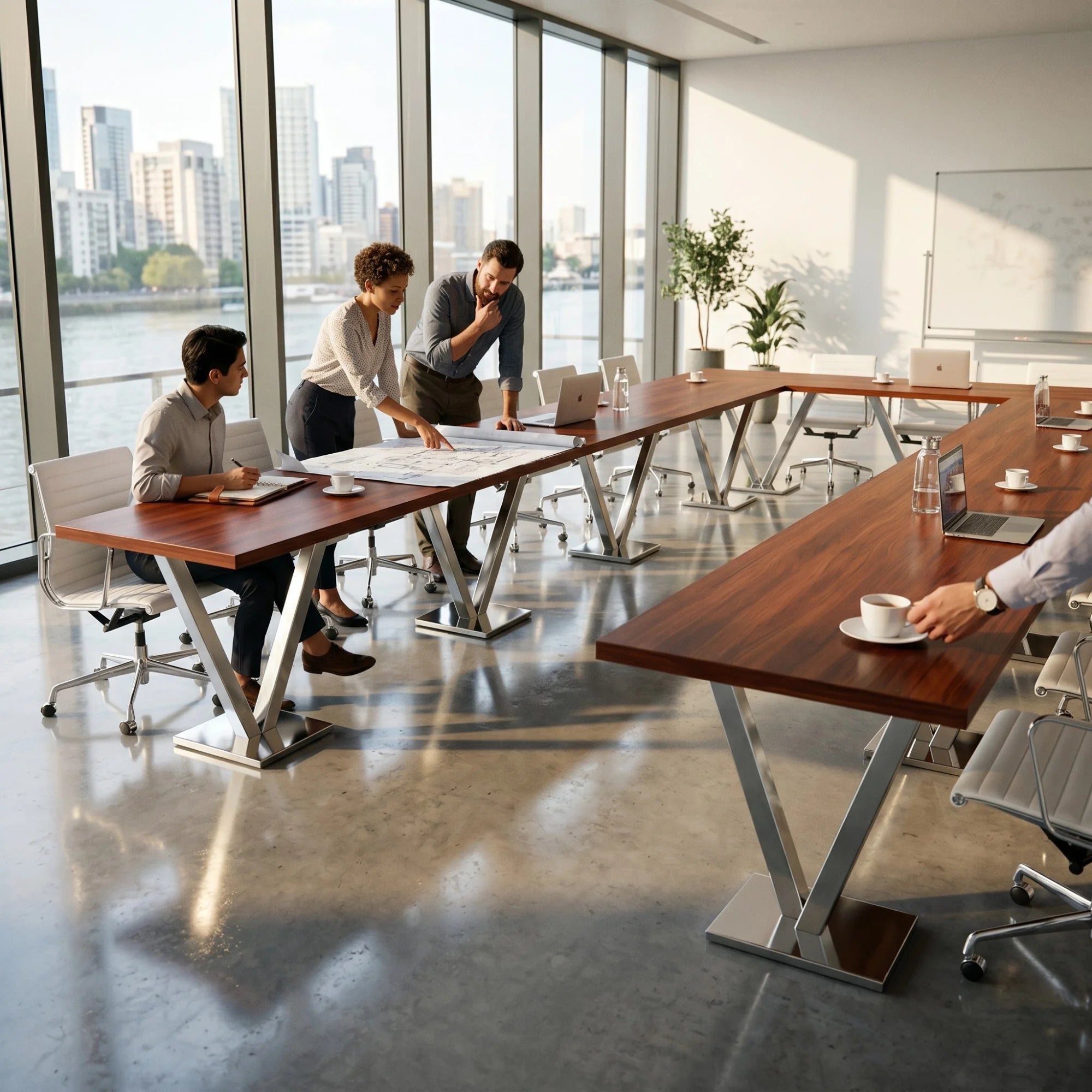İstanbul Ofis Mobilya Vienne U tipi ahşap toplantı masası, modern ofis ortamında çalışan profesyonel ekip